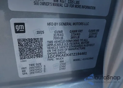 2026 Chevrolet Silverado 1500 4Wd Short Bed Wt/4Wd Standard Bed Wt z USA, uszkodzony, nr VIN 1GCPKAEK4TZ194461